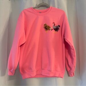 Hot Pink Crewneck Sweater with Embroidered Chickens
